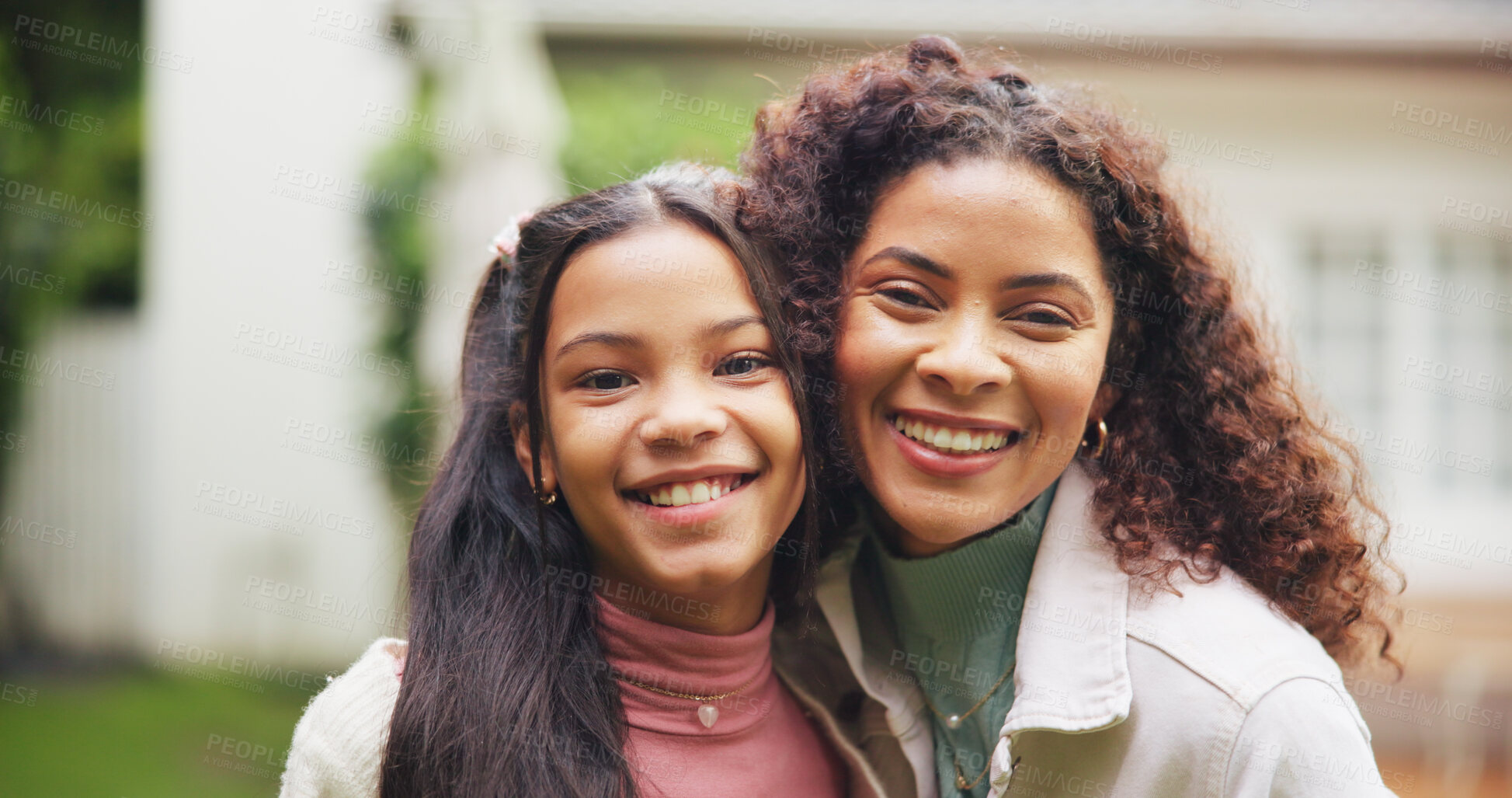 Buy stock photo Portrait, mother and girl in backyard, smile and bonding together with real estate. Homeowner, family and parent with daughter and happiness with property, support and outdoor for games and fun