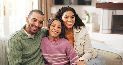 Buy stock photo Happy, sofa and portrait of parents with child in home for relationship, love and bonding on weekend. Mom, dad and daughter on couch with affection, family support and embrace for care in living room
