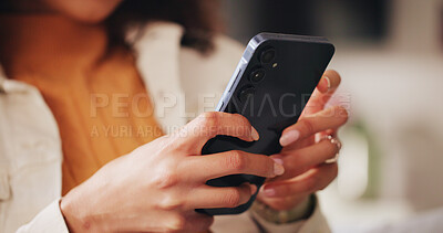 Buy stock photo Home, typing and hands of woman with phone for social media, online message and connection. Relax, weekend and person on smartphone for reading notification, digital news and mobile app for contact