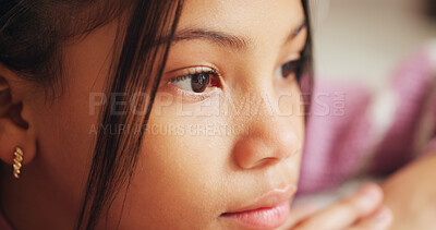 Buy stock photo Sad, thinking and girl with depression, kid and abandon with anxiety, mental health and foster care trauma. Home, adoption and child with emotion, ptsd and stress with mistake, reflection and grief