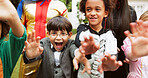 Halloween, children and group with wave outdoor for party welcome, holiday celebration or tradition. Portrait, kids and friends with costumes in garden for fantasy dress up, spooky season or greeting