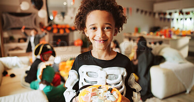 Buy stock photo Halloween, portrait and boy with bucket, kid and smile with celebration, giving or holiday. Skeleton costume, basket or child with tradition, sweets container or home with happiness or showing treats