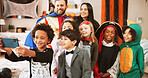 Happy, parents and selfie with children, halloween and memory for spooky season in home and friends. Bonding, boy and profile picture for holiday, kids and people in lounge for celebration or hangout
