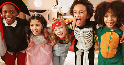 Buy stock photo Happy, group and children with costumes at house for Halloween party, celebration and bonding. Portrait, kids and smile with character outfits for spooky season, cosplay holiday and friends together