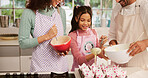 Family, baking and help in home kitchen with love, learning and happy with cupcakes batter. People, child and together for teaching dessert recipe, cake or teamwork in house with smile and fun