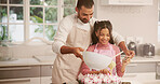 Baking, bowl or learning with father and daughter in kitchen of home together for pastry recipe. Bonding, cooking and ingredients with single parent man teaching girl child how to bake in apartment