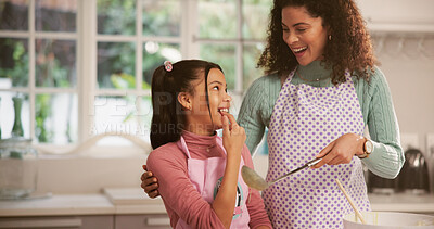 Buy stock photo Baking, taste and mother in kitchen, girl and bonding together with smile, home and learning. Apartment, happy family and mama with daughter, utensils and ingredients with recipe, teaching and help