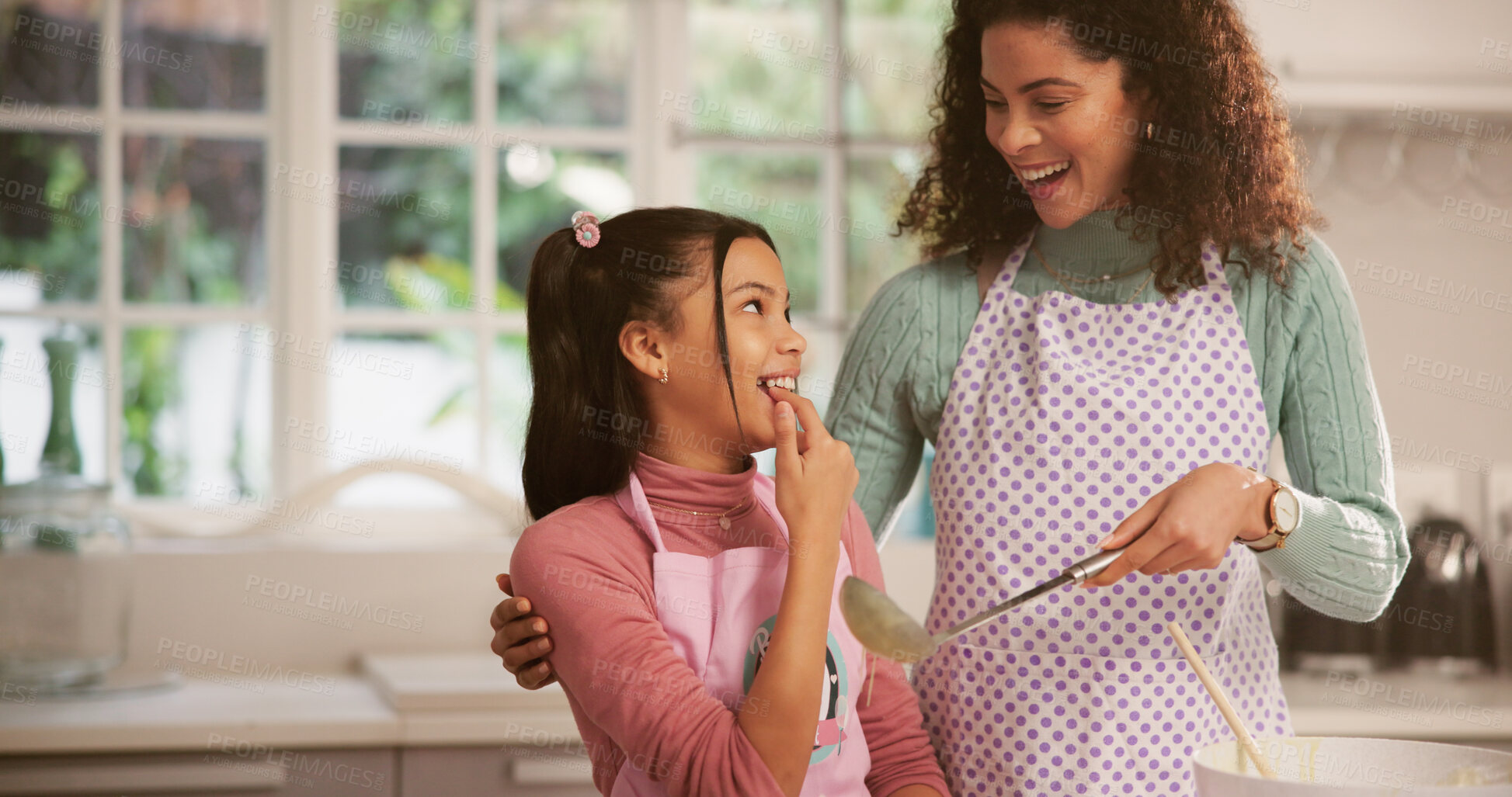 Buy stock photo Baking, taste and mother in kitchen, girl and bonding together with smile, home and learning. Apartment, happy family and mama with daughter, utensils and ingredients with recipe, teaching and help