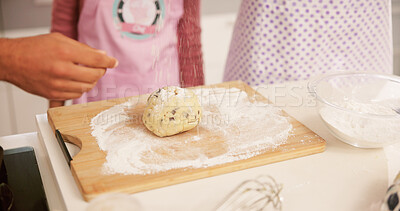 Buy stock photo Baking, family and hands of people in kitchen together for child development, learning or recipe. Dough, flour or ingredients with parents teaching daughter how to bake in apartment for cooking