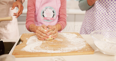 Buy stock photo Baking, dough and hands of family in kitchen together for child development, learning or recipe. Flour, ingredients or people with parents teaching daughter how to bake in apartment for cooking