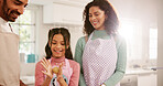 Family, bake and happy in home kitchen with help, learning and cookie dough or ball. Mother, father and child together for teaching dessert, treat or recipe in house with smile and fun bonding