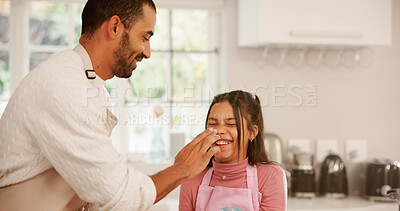 Buy stock photo Father, child and baking with flour on nose, laughing and bonding together with family in kitchen. Cooking, kid and dad in home with funny game, learning and parent play with girl for development