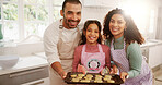 Cookies, baking and portrait of child with parents in kitchen for learning, skills or development. Smile, baker and girl kid with mom and dad for biscuits or dessert together on weekend in home.