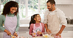 Family, baking and happy in home kitchen with help, learning and icing on cupcakes for decoration. People, child and together for teaching dessert, cake or recipe in house with laugh and fun