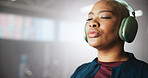Breathing, fitness and headphones with black woman in gym for sports, training or workout motivation. Exercise, mindset and music with serious African athlete on space for start of wellness routine