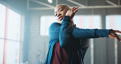 Buy stock photo Woman, fitness and stretching with arm in gym for workout preparation, exercise or flexibility. Active, female person or getting ready with warm up for physical activity or training in health club