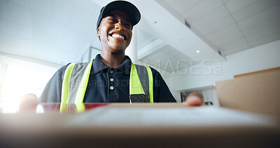 Buy stock photo POV, black woman and courier with box for delivery, shipping and logistics with ecommerce. Distribution service, order and happy person with package for supply chain, parcel and cargo in office