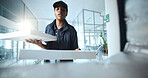 Pov, black woman and box of pizza for delivery, ecommerce order and food distribution. Female person, package and courier service of restaurant takeaway, customer parcel and online shopping in office