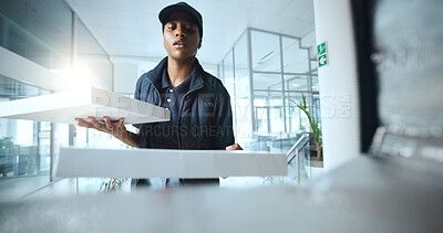 Buy stock photo POV, black woman and box of pizza for delivery, ecommerce order and food distribution. Female person, package and courier service of restaurant takeaway, customer parcel and online shopping in office