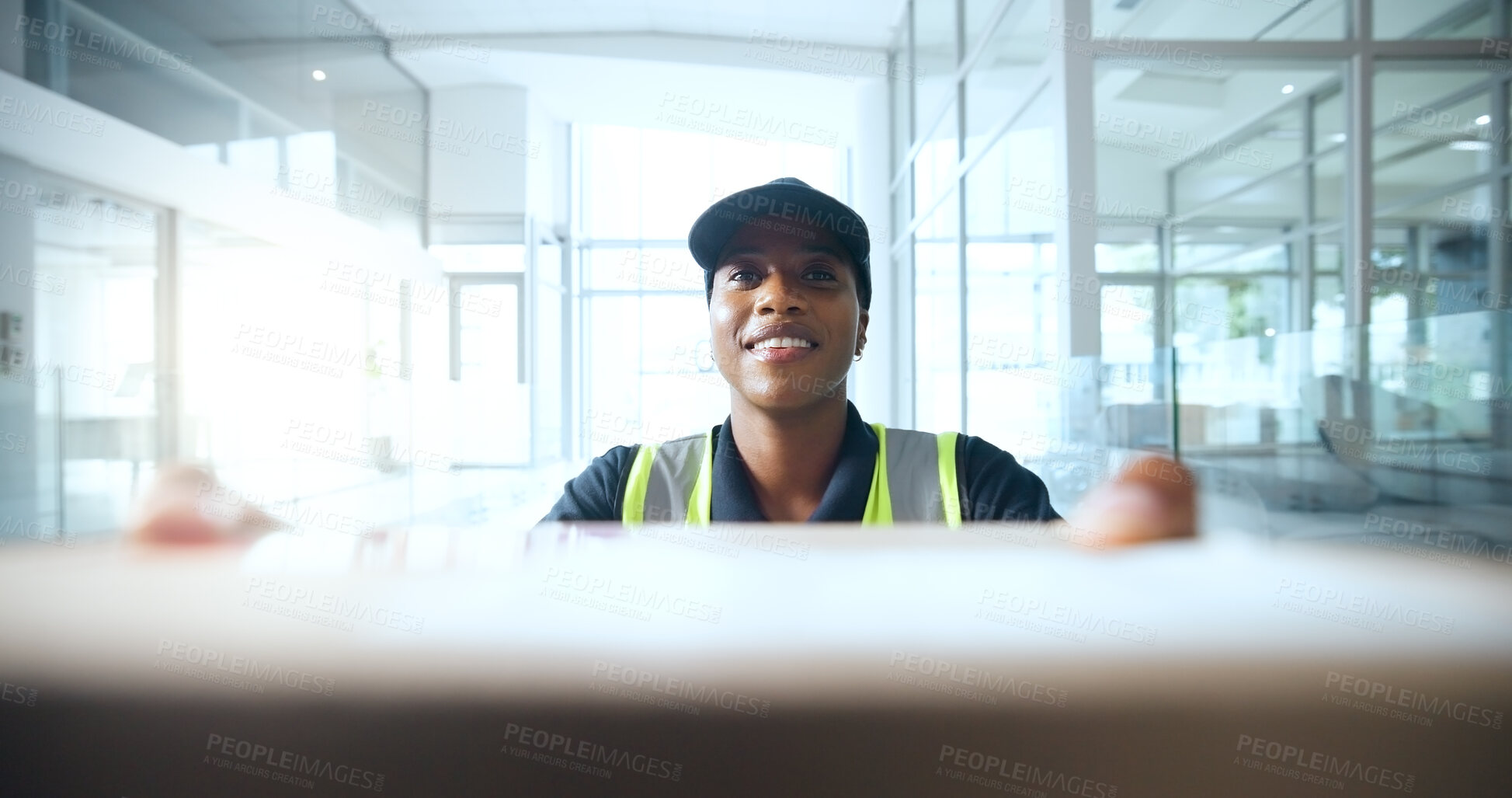 Buy stock photo Smile, black woman and courier with box for delivery, shipping and logistics with distribution. Ecommerce service, order and POV of person with package for supply chain, parcel or cargo in office