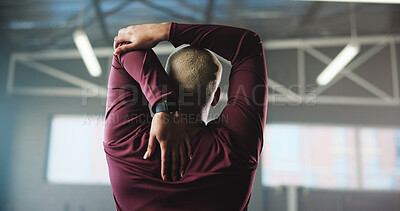 Buy stock photo Woman, fitness and stretching with back in gym for workout preparation, exercise or training. Active, female person or getting ready with warm up for physical activity or flexibility in health club