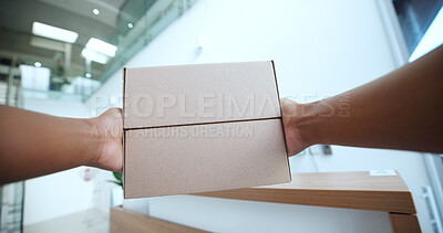 Buy stock photo POV, hands and courier with boxes for delivery, shipping and logistics with distribution in office. Package, order and person with ecommerce service for supply chain, parcel and cargo from supplier