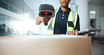 Hands, tablet and scanner with box for delivery for courier service, system update and confirmation. Logistics, woman and scan package barcode for supply chain, parcel distribution and digital record
