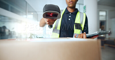 Buy stock photo Hands, tablet and scanner with box for delivery for courier service, system update and confirmation. Logistics, woman and scan package barcode for supply chain, parcel distribution and digital record