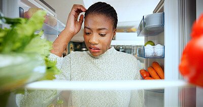 Buy stock photo Woman, thinking and confused at fridge in home, choice and scratch head for food in morning. African person, decision and check shelf for healthy diet, ingredients and POV in kitchen at apartment