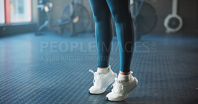 Buy stock photo Warm up, ankle and woman in gym, exercise and shoes with training, wellness and workout. Closeup, sneakers and person in health club, stretching and fitness with challenge, routine and joint movement