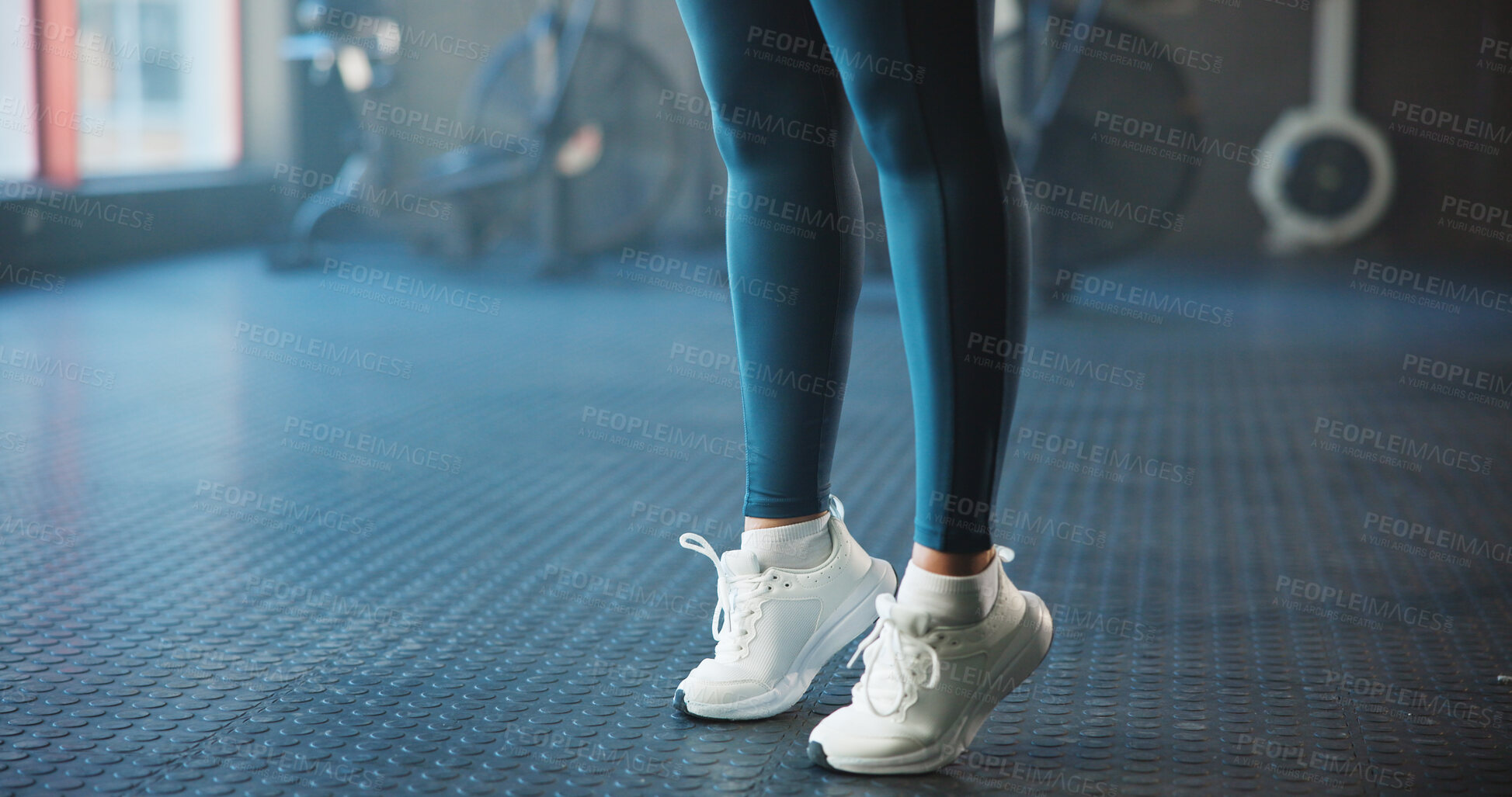 Buy stock photo Warm up, ankle and woman in gym, exercise and shoes with training, wellness and workout. Closeup, sneakers and person in health club, stretching and fitness with challenge, routine and joint movement