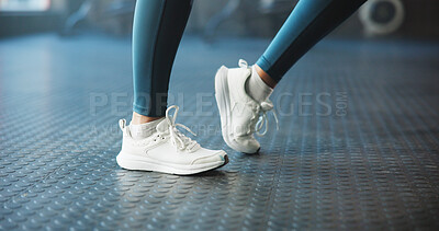 Buy stock photo Warm up, shoes and woman in gym, fitness and joint movement with training, wellness and routine. Closeup, sneakers and person in health club, stretching and workout with challenge and exercise