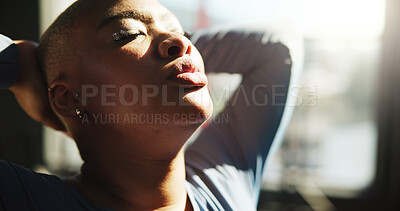 Buy stock photo Breathing, fitness and woman on break in gym, calm and complete workout in morning, relax and peace. Rest, athlete and wellness for African person in health club, stress relief and done with exercise