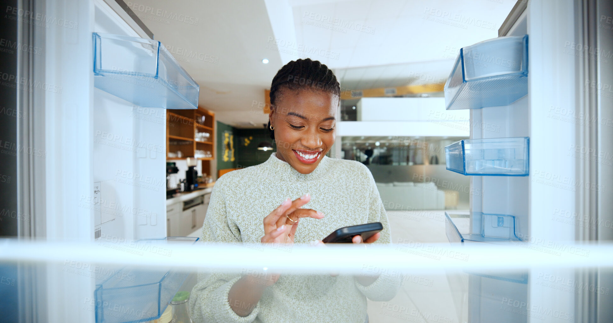 Buy stock photo Black woman, phone and open fridge in home with smile, pov or online shopping for groceries. African person, smartphone and mobile app in kitchen for ecommerce, food or discount on web at apartment