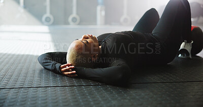 Buy stock photo Breathing, woman and break on floor in gym, calm and complete workout in morning, resting and peace. Relax, athlete or wellness for African person in health club, stress relief and done with exercise