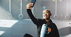 Happy woman, fitness and selfie with water for photography, picture or social media post in gym. Active, female person and smile with bottle for capture moment, workout memory or app in health club