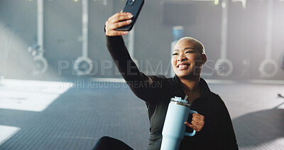 Buy stock photo Happy woman, fitness and selfie with water for photography, picture or social media post in gym. Active, female person and smile with bottle for capture moment, workout memory or app in health club