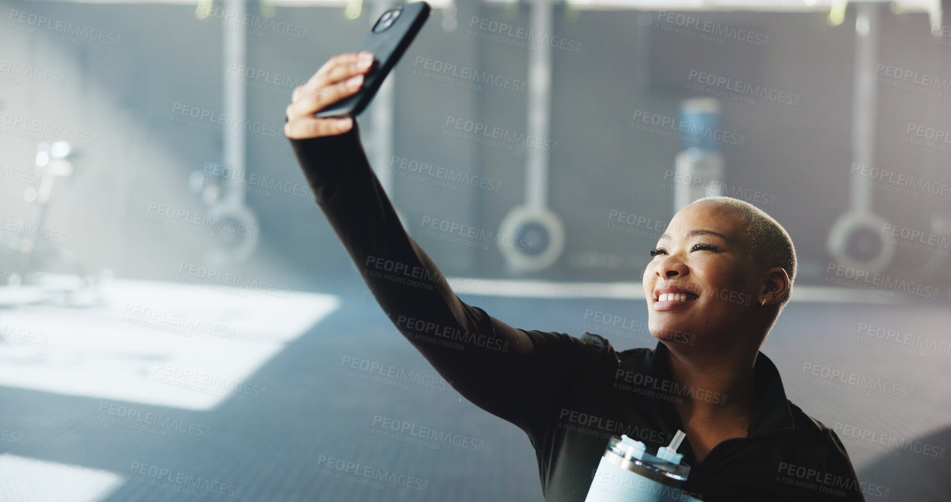 Buy stock photo Happy woman, fitness and gym with selfie for photography, picture or social media post. Active, female person and water bottle with smile for capture moment, workout exercise or memory in health club