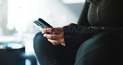 Buy stock photo Texting, hands and athlete with smartphone, gym and browsing on social media, app and communication. Typing, online and person with mobile for message, wellness or chat with contact in health club