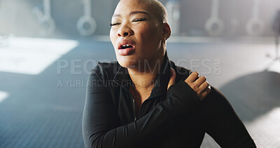 Buy stock photo Woman, fitness or shoulder pain with injury in gym for muscle tension, strain or pressure. Active, female person or sore arm with joint inflammation for accident or overworked exercise in health club