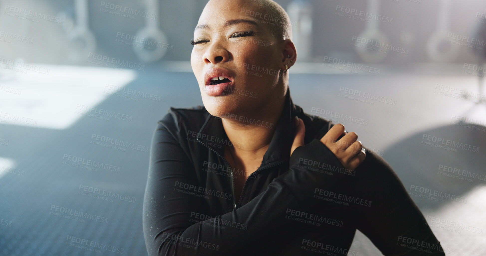 Buy stock photo Woman, fitness or shoulder pain with injury in gym for muscle tension, strain or pressure. Active, female person or sore arm with joint inflammation for accident or overworked exercise in health club
