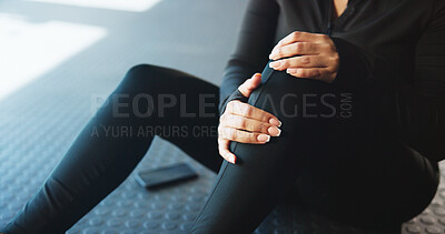 Buy stock photo Person, hands and knee pain with injury in gym for joint inflammation or fibromyalgia. Closeup, sore leg or fitness with sprain or pressure for accident, muscle tension or strain in health club