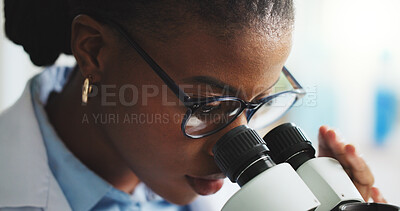 Buy stock photo Black woman, scientist and microscope in laboratory for research, cure development and analysis. Microbiology, science equipment and medical experiment for study, biotechnology innovation and test