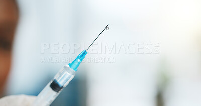 Buy stock photo Drop, hand and doctor of syringe in hospital for vaccine, virus prevention and immune protection. Healthcare, space and person with needle, injection or medicine for treatment, disease and closeup