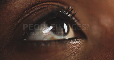 Buy stock photo Eye, optometry and vision with black person closeup for assessment, exam or test of sight. Contact lens, looking and ophthalmology with pupil of African woman eyesight, observation or senses