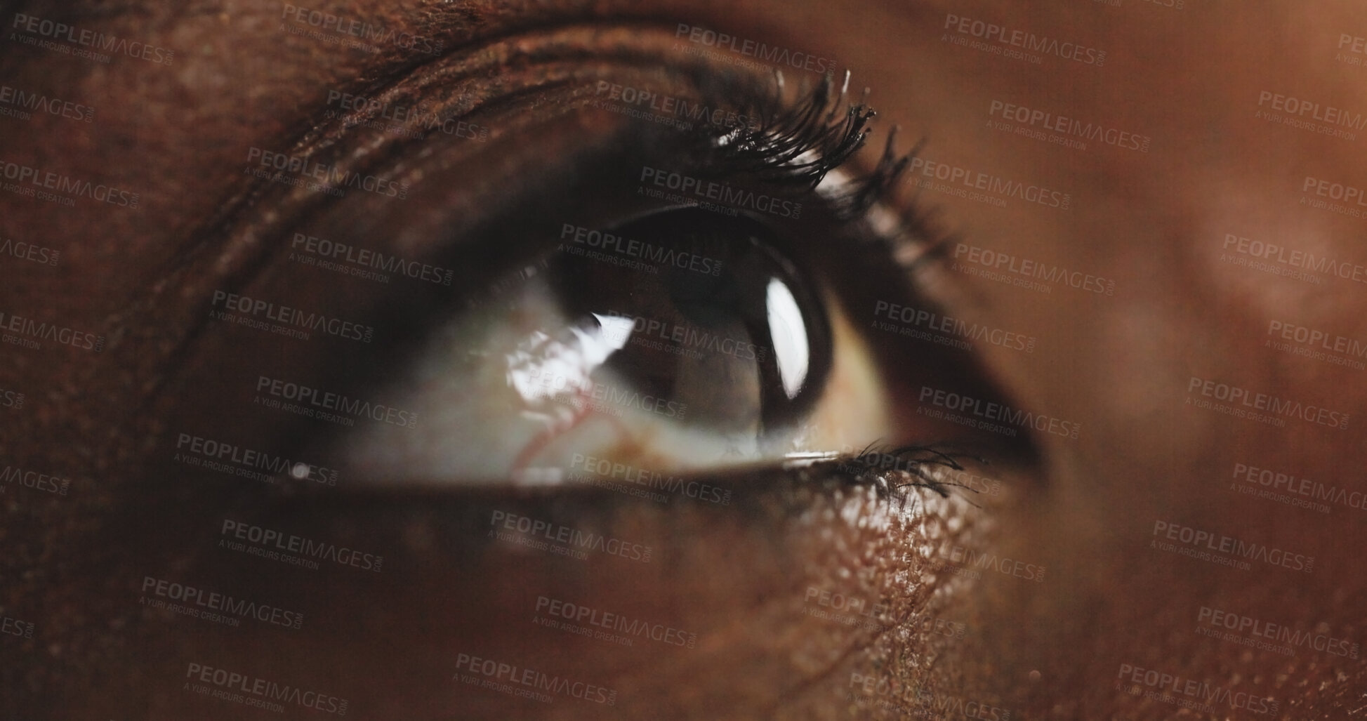 Buy stock photo Eye, optometry and vision with black person closeup for assessment, exam or test of sight. Contact lens, looking and ophthalmology with pupil of African woman eyesight, observation or senses