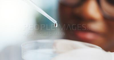 Buy stock photo Hand, scientist and petri dish with dropper for research, experiment or lab test with exam. Science, chemistry and person with pipette for liquid chemical, medical development or pharma study closeup