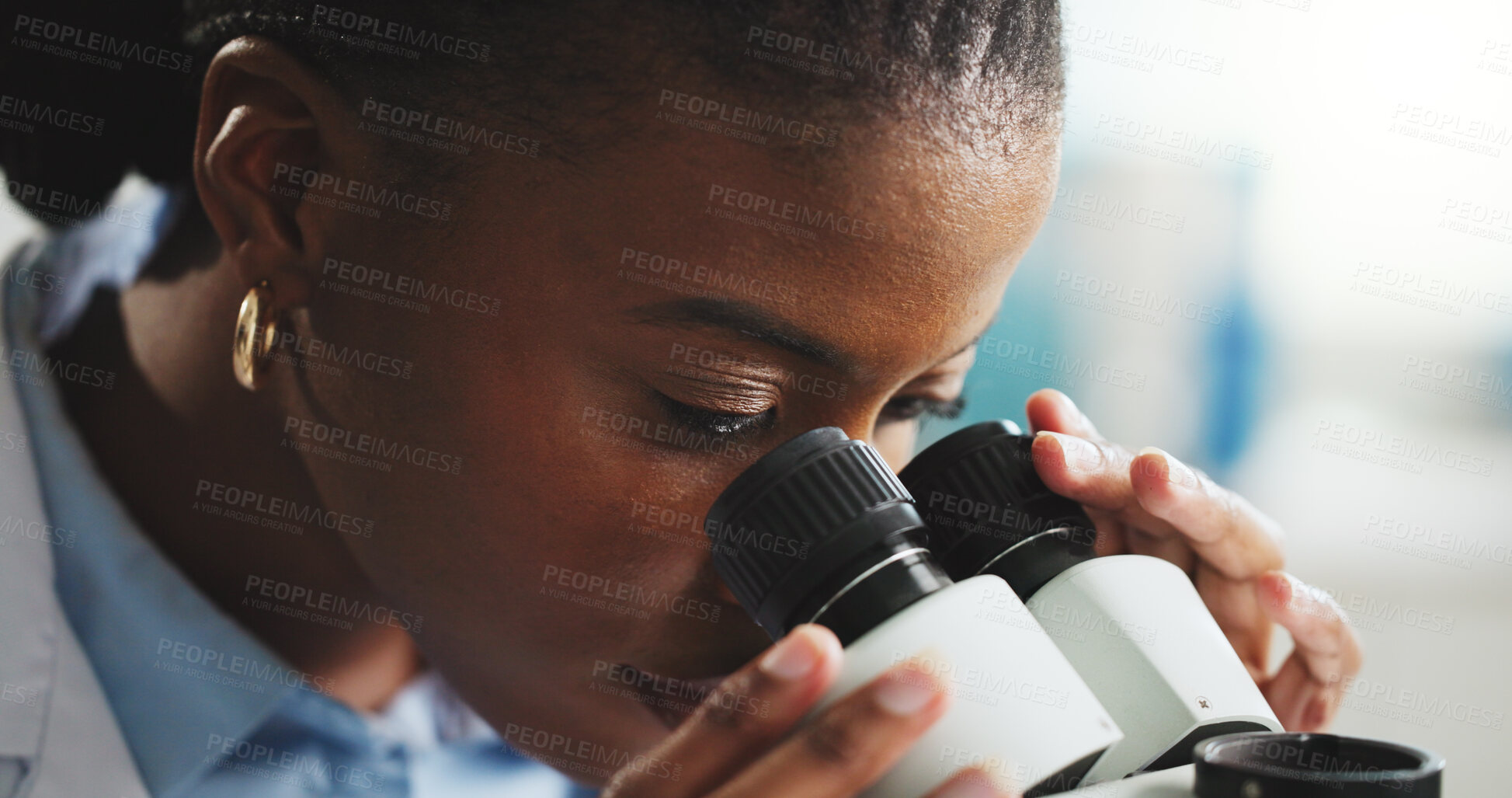 Buy stock photo Black woman, scientist and microscope in laboratory for test, cure development and analysis. Microbiology, science equipment and medical experiment for study, biotechnology innovation and research