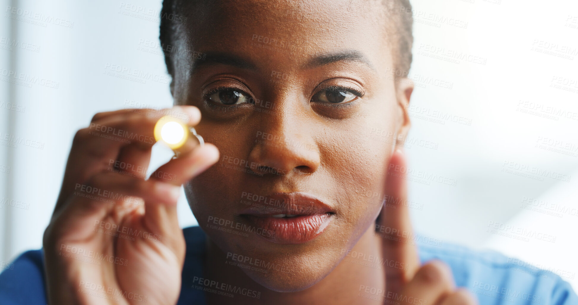 Buy stock photo Woman, nurse and light for eye test, medical response or pupil for brain assessment. African person, healthcare or penlight exam with finger for nerve reaction, check reflex and POV with portrait