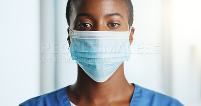 Buy stock photo Mask, nurse and portrait of woman in hospital for protection, hygiene and prevention. Healthcare, medical service and face of African person with ppe for safety from bacteria, germs and infection